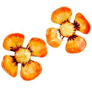 VTG 1950s Hand Painted Enamel Flower Clip On Earrings Mid Century Jewelry Summer